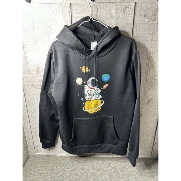 Unbranded Tops - Womens Small Black Outer Space Astronaut Planets Rocket Hoodie Sweatshirt Pocket